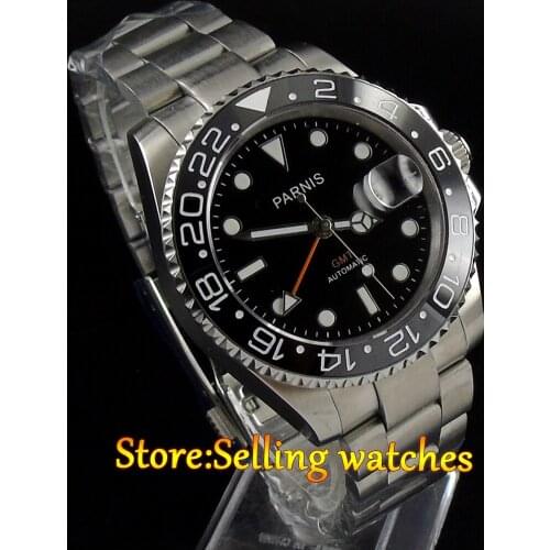 40mm Parnis black dial Sapphire glass Ceramic bezel GMT automatic mens watch