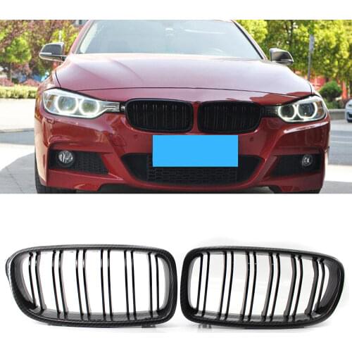 Car Carbon Fiber Gloss Black Double Slats Front Kidney Grille Racing Grills For BMW 3 Series F30 F31 F35 2012-2018 Car Styling