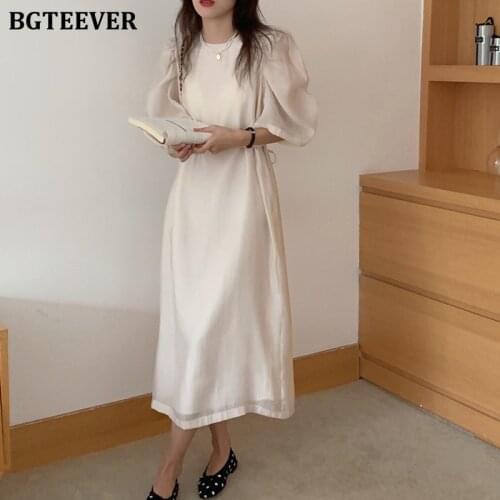 BGTEEVER Vintage Puff Short Sleeve Women Mid-length Dress O-neck Lace-up Slim Waist Behind Split Female A-line Dress 2021 Summer