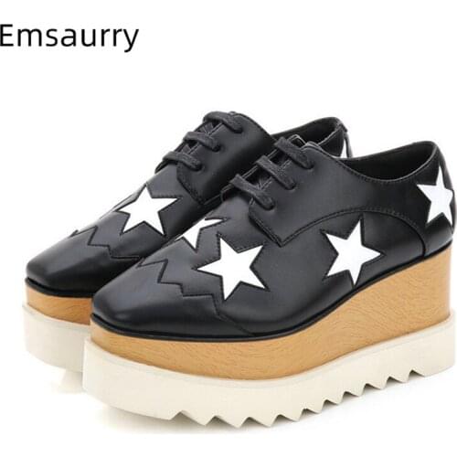 Shiny Five-pointed Stars Flat Platform Women Shoes Square Toe Lace Up Leather Wedges British Style Casual Shoes Woman