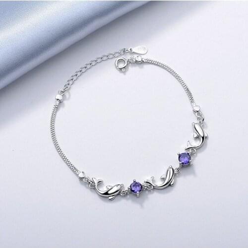 Utimtree Charm Bracelets for Women Lady Gift fashion 925 sterling silver White Purple Zircon Dolphin Bracelet Femme Jewelry