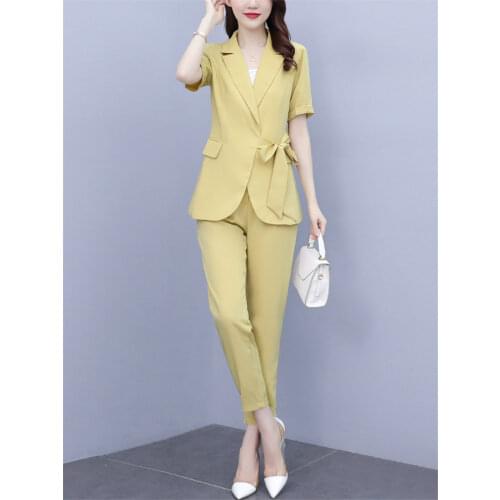 Pants Suits For Women 2021 Business Casual Plus Size Fashion Short Sleeve Summer Blazer Tops Trousers Two Piece Trend Set ZH1653