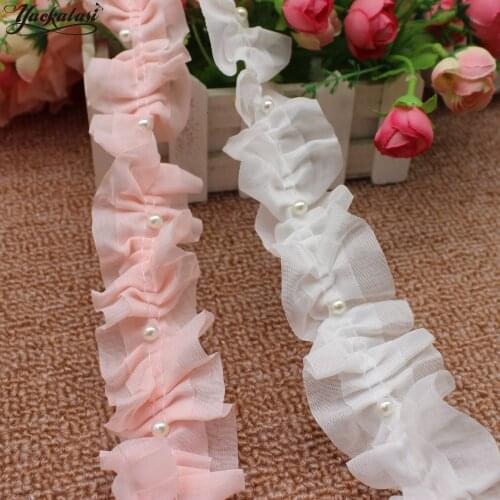 Ruffled Lace Boa 3D Chiffon Flower Lace Band Pearled Pink Pleated Ribbon 2 Inches/ 5CM