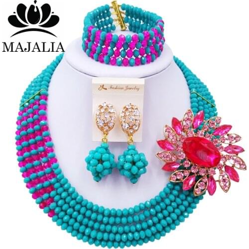 Majalia Luxury African Jewelry Set Aqua blue and Hot pink Crystal Bead Bride Jewelry Nigerian Wedding African Jewelry Set 5AS002