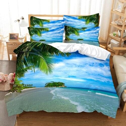Beautiful Coconut Beach Scenic Bedding Set 3D Digital Print Bedding Down Quilt Cover Pillowcase Decoration Home Textile
