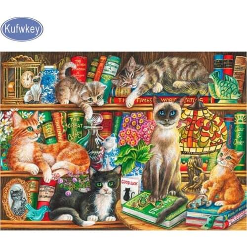 Kufwkey full 5d diy diamond cross stitch books and cats diamond painting embroidery mosaic rhinestones paint by diamonds crafts
