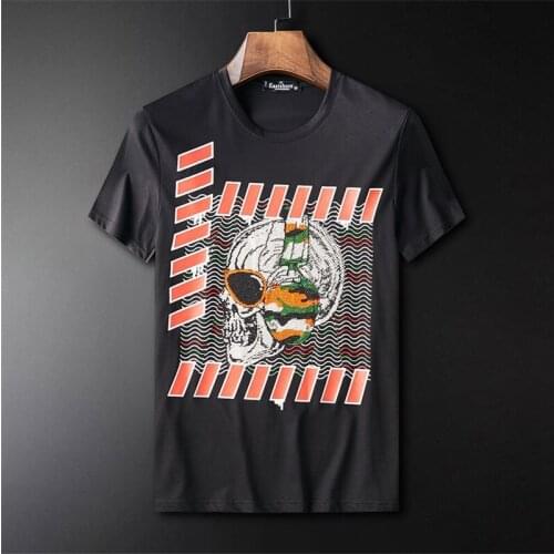 Summer hot mens T-shirt skull print rhinestone T-shirt modal cotton O collar short sleeve slim fit
