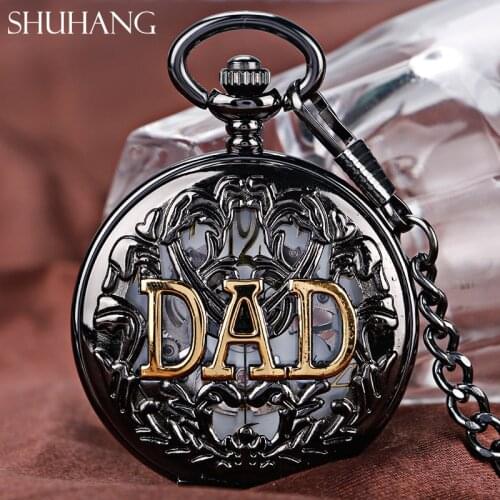 SHUHANG Best Dads Gift Steampunk Mechanical Pocket Watches Chain Gift Skeleton Hand Winding Men Watch Golden DAD Fathers Day