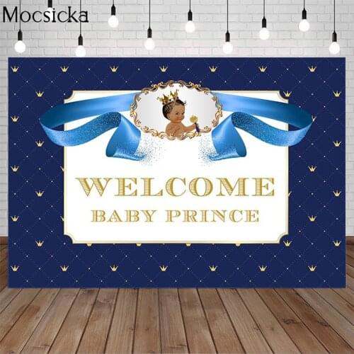 Mocsicka Welcome Baby Prince Birthday Backdrop Blue Ribbon Customize Name Newborn Child Portrait Photo Party Decoration Props