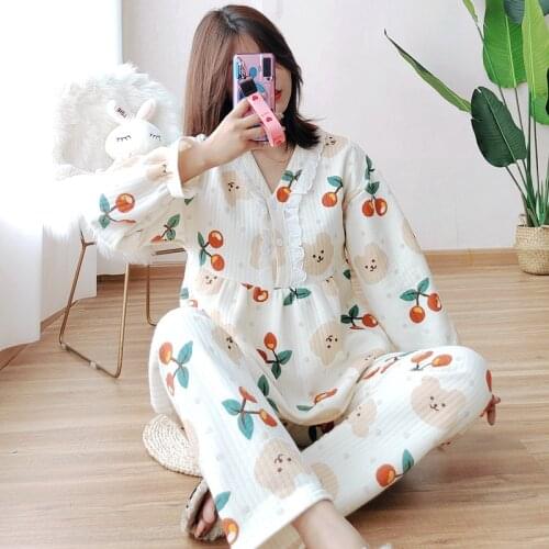 Fashion Cute Autumn and Winter Pure Cotton Knitted Pajamas Ladies Long-sleeved Quilted Warmth and Thick Cute Home Service Suit