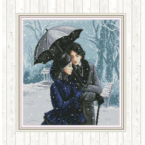 Couple In The Snow DMC Cotton Thread Printed Canvas Cross Stitch Sets Needlework Embroidery 14ct 11ct Count Print DIY Handmade