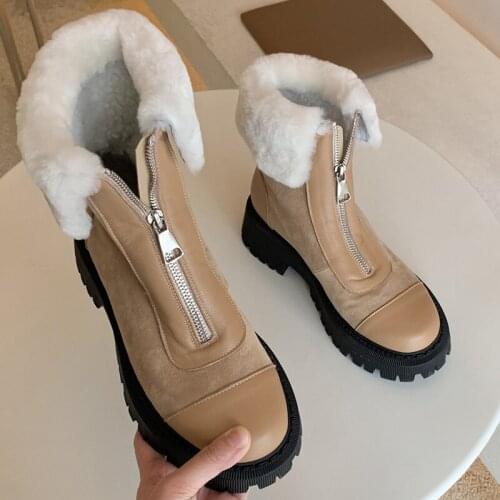 New Winter Chunky Heels Thick Soled Warm Snow Boots Thick Platform Round Toe Zipper Shoes Genuine Leather Handmade Women Boots