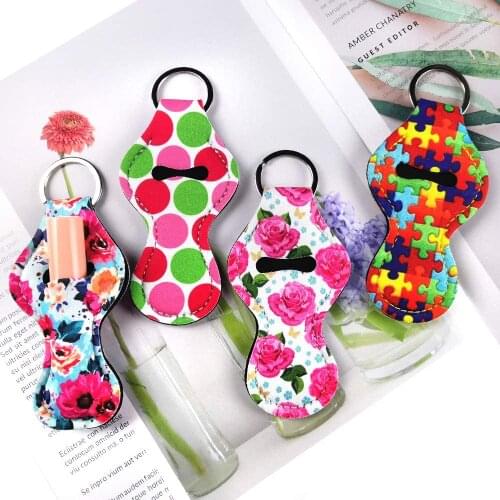New Year Gift 4pcs Lipstick Balm Holder Keychains Neoprene Chapstick Holder Keychain with Metal Clip Cords