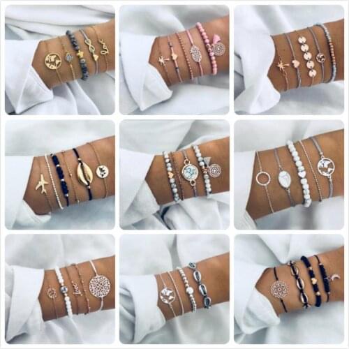 New Bohemian Black Rope Chain Bracelet Set For Women aircraft Shell Moon Heart crystal Charm Bangle Boho Jewelry Gifts