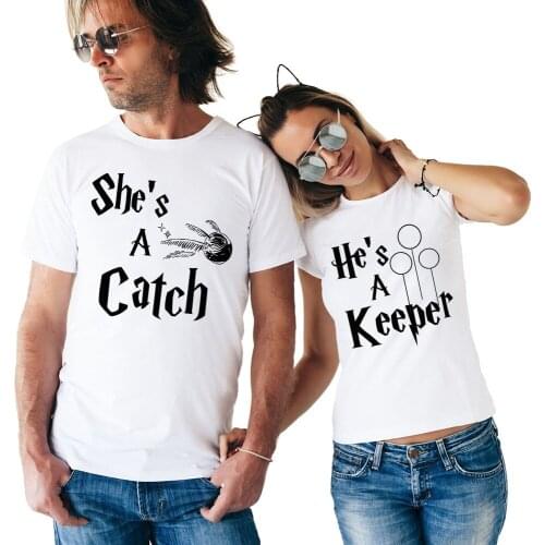 Shes A Catch Hes A Keeper T Shirts Summer Short Sleeve Matching Couple Tops T-shirt Valentines Day Gift Newest Couple T Shirt