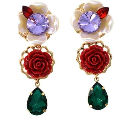 Retro Exaggerated Baroque Earrings for Women Red Rose Flowers Earrings Green Crystal Pendant Women Party Jewelry Gifts