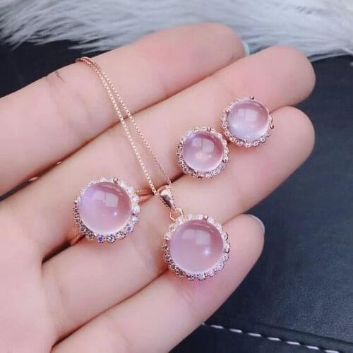 The Best Gift For your mother Natural Rose Quartz jewelry set Rose Quartz 925 sterling silver 1pc pendant,1pc ring,2pcs Earring