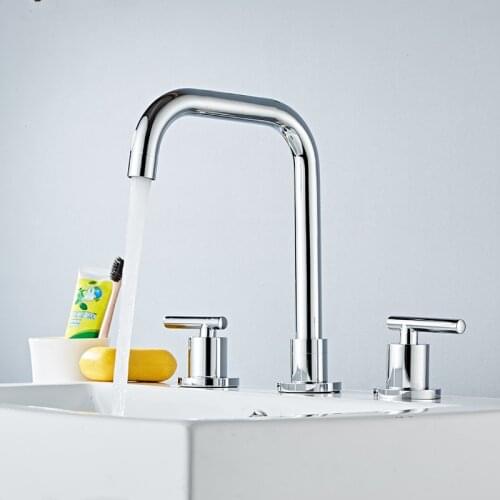 Basin Faucets Brass Polished Chrome Deck Mounted Round Bathroom Sink Faucets 3 Hole Double Handle Hot And Cold Water Tap BR-711