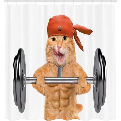 Funny Shower Curtain by Fitness Cat Lifting A Big Dumbbell Muscled Kitty Body Building Gym Humor Image Fabric Bathroom Decor Set