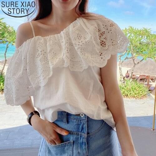 Sexy Off Shoulder Blouse Summer Women Blouses White Shirt Hollow Out Cotton Clothes Ruffles Tops Slash Neck Plus Size New 15401