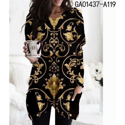 Loose Femame T shirt Pocket Front Split Long sleeve Plus Size Tops 3D Personality Fashion Clothes Elegant Womens long T-shirt