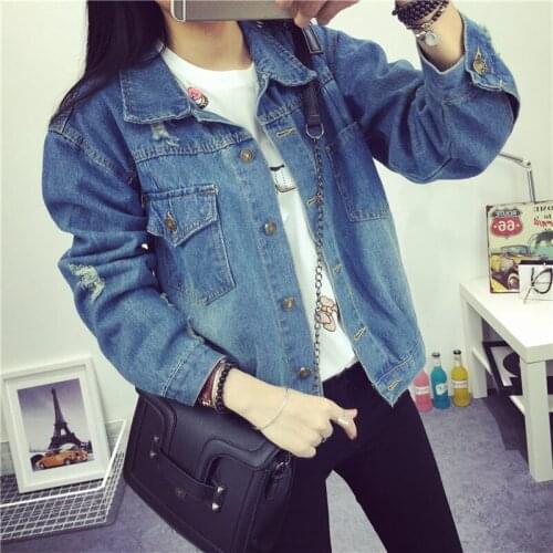 Womens denim clothing spring autumn new fashion large size casual coat retro hole long sleeve loose wild denim shirt Female B75