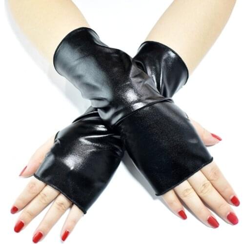 Womens Faux Patent Leather Black Full Finger Long Gloves Floral Lace Patchwork Wedding Opera Party Elbow Length Mittens