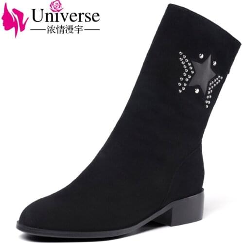 Universe women kid suede mid calf boots black low heel boots with warm short plush lining G368