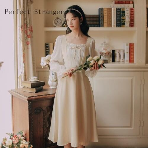 2021 Autumn New Arrival High Quality Retro Korean Long Sleeve Square Collar Collect Waist Women Long Dress Women Clothing