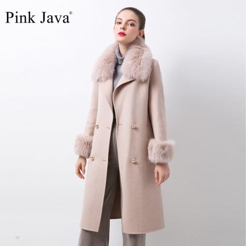 Pink Java QC20068 New Arrival Hot Sale Women Winter Wool Coat With Cashmere Coat Real Fox Fur Collar Real Fur Cuff