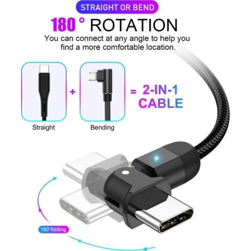 0.5/1/2m 3A Fast Charging Elbow Type-C Data Cable 180° Multicolor Nylon Braided USB Charging Cable With LED Light For Xiaomi