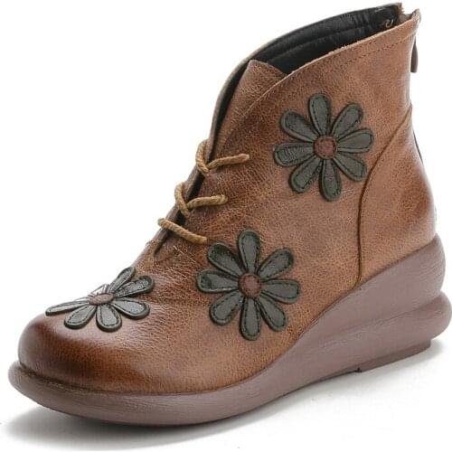 2021 Handmade Flower Winter Fashion Boots Genuine Leather Boots Retro Flat Wedges Light Comfort Wear Warm Snow Boots Women Boots