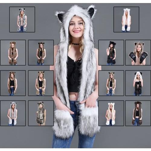 3 In 1 Fluffy Plush Animal Wolf Leopard Hood Scarf Hat With Paws Mittens Gloves Russia Winter Warm Earflap Bomber Cap For Women