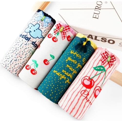 4pcs/lot Womens Panties Cotton Briefs Cherry Print Girls Underwear Ladies Panty Female Sexy Lingerie Underpants Everyday New