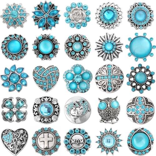 5pcs/lot Wholesale Snap Jewelry Alloy High Quality Sky Blue Rhinestone Owl Heart Flower Snaps Buttons for Snap Bracelet Bangle