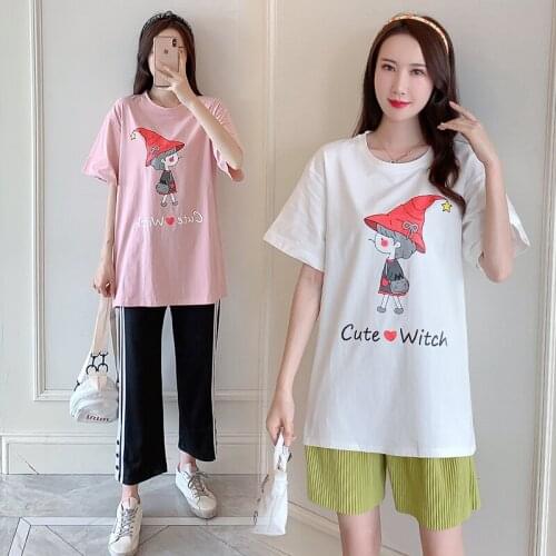 561# Maternity Clothes Summer T Shirt Cartoon Printing O Neck Short Sleeves Easy Matching Loose Stylish Tops Pregnant Women