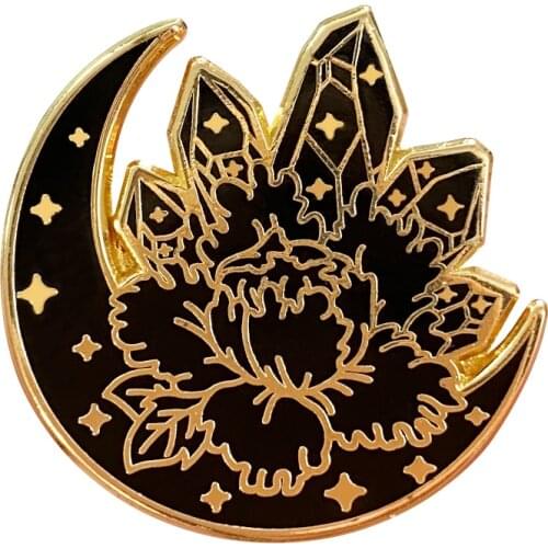 Moon Crystal Peony Dahlia Flower Brooch Pins Enamel Metal Badges Lapel Pin Brooches Jackets Fashion Jewelry Accessories