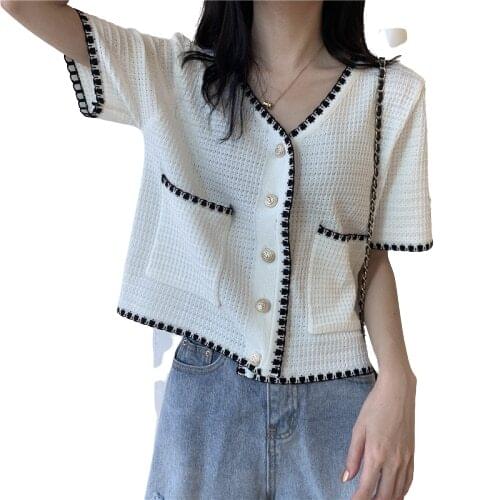 Women Knitted Short Sleeve Single-Breasted Buttons Thin Sweaters Cardigans Lady Knit Pockets Crop Tees Tops for Female