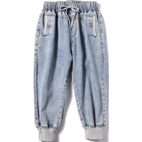 Jeans Woman Summer 2021 High Waist Plus Size Casual Loose Drawstring Knee Length Female Denim Harem Pants