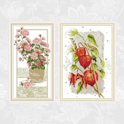 Elegant chrysanthemum and Cherry blossom Counted Printed Cross Stitch DIY Embroidery Thread Sets Needlework Cross Stitch Kits