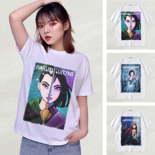 Women Summer Mulan Mermaid Princess Prince Anime Cartoon Print Kawaii O-Neck T-Shirt Female Dalmatian Elephant Graphic Tees Tops