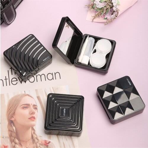 Portable Cool Black Geometric Texture Contact Lenses Box With Mirror Contact Lens Case For Women Kit Holder Eyewear Accessories
