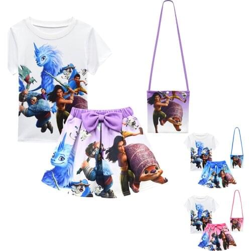 Raya and The Last Dragon Girls Clothes Sets Summer short sleeve top+cartoon print skirt+Bag 3piece kids Childrens Clothing Suit