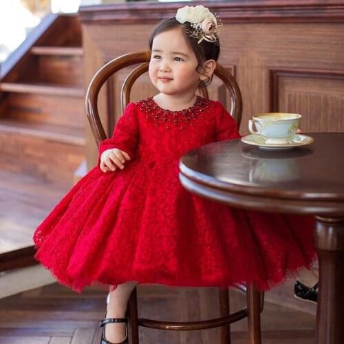Red Lace Baby Girl Wedding Party Dresses Puffy Beaded Christening Gown Infant Newborn Princess 1st Birthday Dress for Baptism