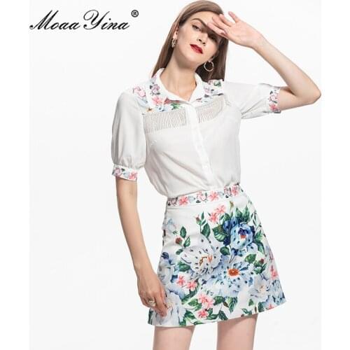MoaaYina Fashion Designer Summer Casual Floral Skirts Suit Womens White short sleeve Shirts and Skirts Two Piece Sets