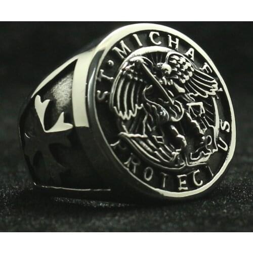 Size 7 To Size 15 Men Boy 316L Stainless Steel Cool Cross Saint Michael Protect US Big Ring Newest