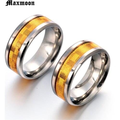 Maxmoon Gold -Color Grid Pattern Wide Version Ring Tide Men and Women Finger Ring Titanium Steel Ring