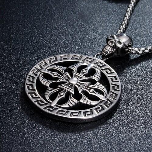 Men Punk 316L Stainless Steel Cross Skull Greek Key Circular Maxi Pendant Necklace for Men Women Amulet Jewelry