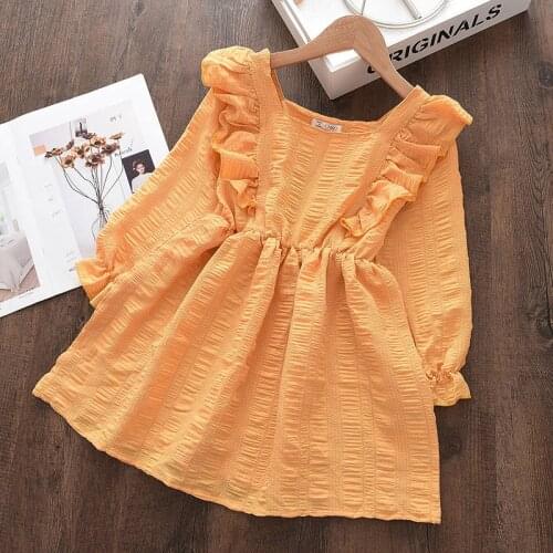 Bear Leader Baby Girls Ruffles Dresses Long Sleeve Vestidos Princess Cute Dresses Solid Color Costume Korean Outfits Clothes