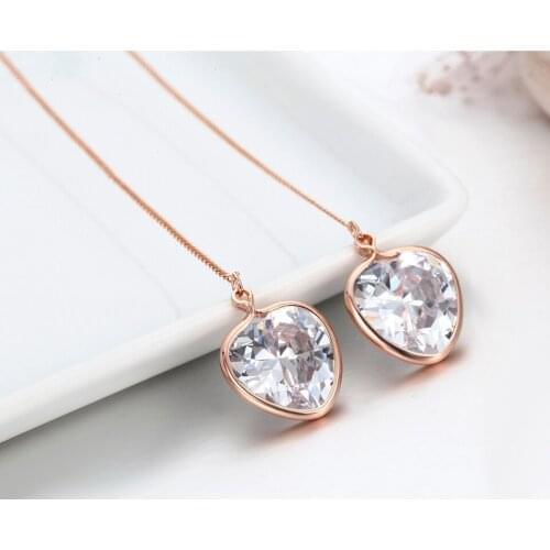 Peach Heart AAA CZ Zircon Stone Link Rose Gold Color Long Chain Drop Dangle Threader Through Earrings For Women Girls Jewelry